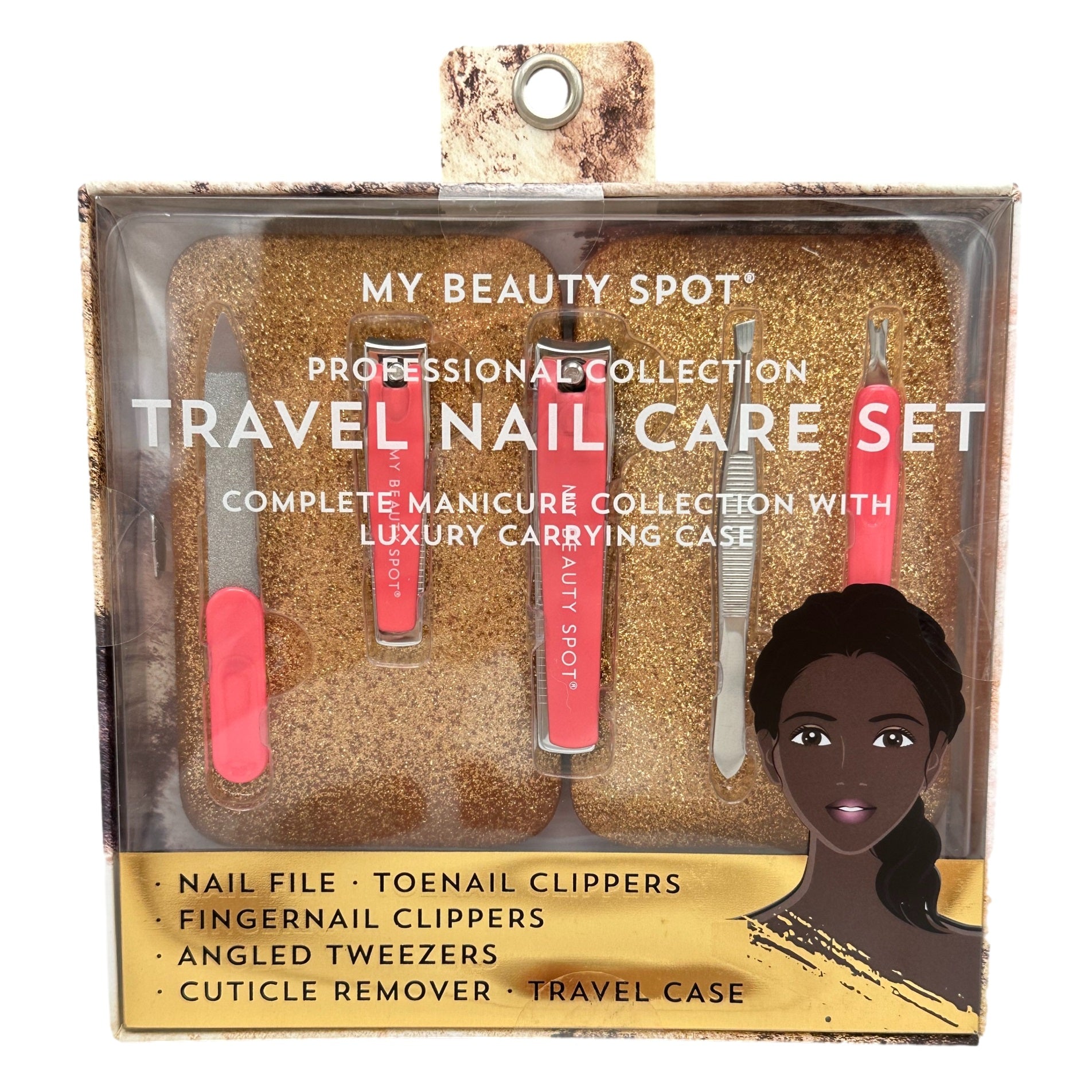 A travel nail care set with pink and silver tools in a gold glittery case, packaged in a brown box with a woman's portrait.